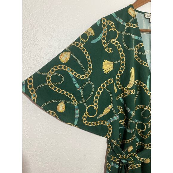 Neiman Marcus Green Chain-Print Wrap V-Neck Midi Dress Small Flutter Sleeve Belt - Picture 2 of 11